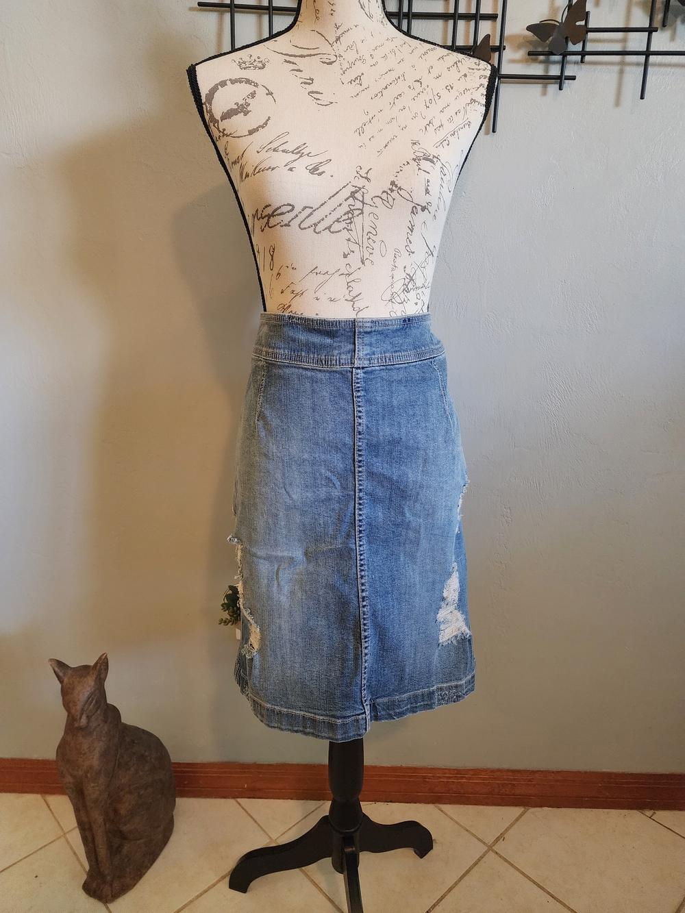 torrid light blue distressed denim pencil skirt with zip back